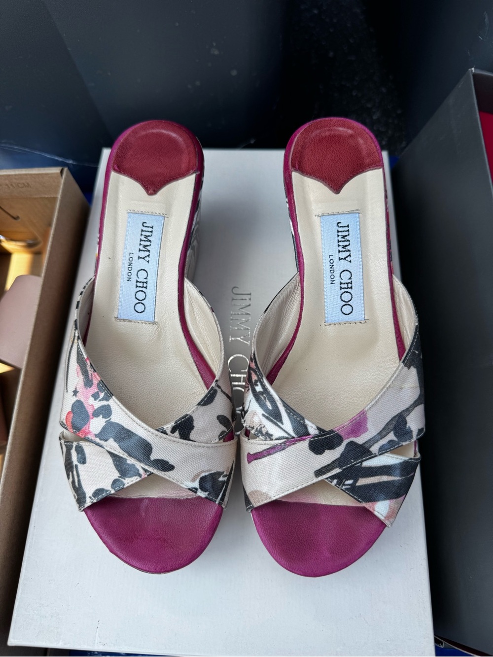 Jimmy Choo Floral-Print Open-Toe Mules in Fuchsia and Cream